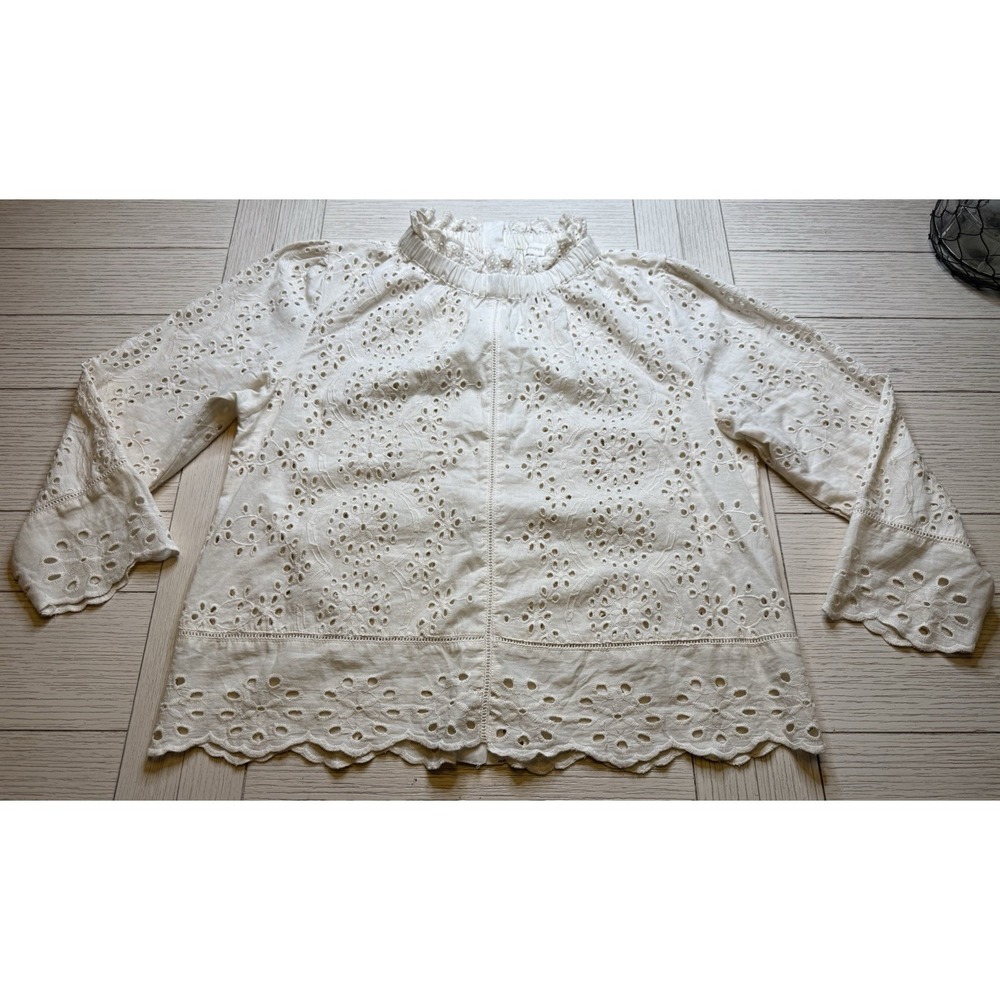 Jennifer & Grace Cream Eyelet Ruffled Long Sleeve Blouse Back Button Up S Boho